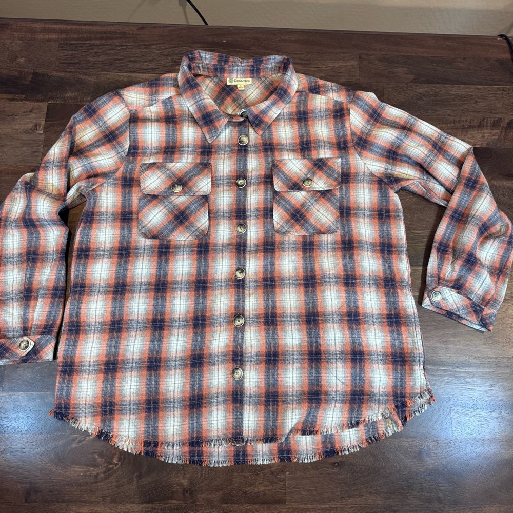 Democracy Shacket Button Down, Pockets, Orange, Gray &‎ White Plaid, Size L
